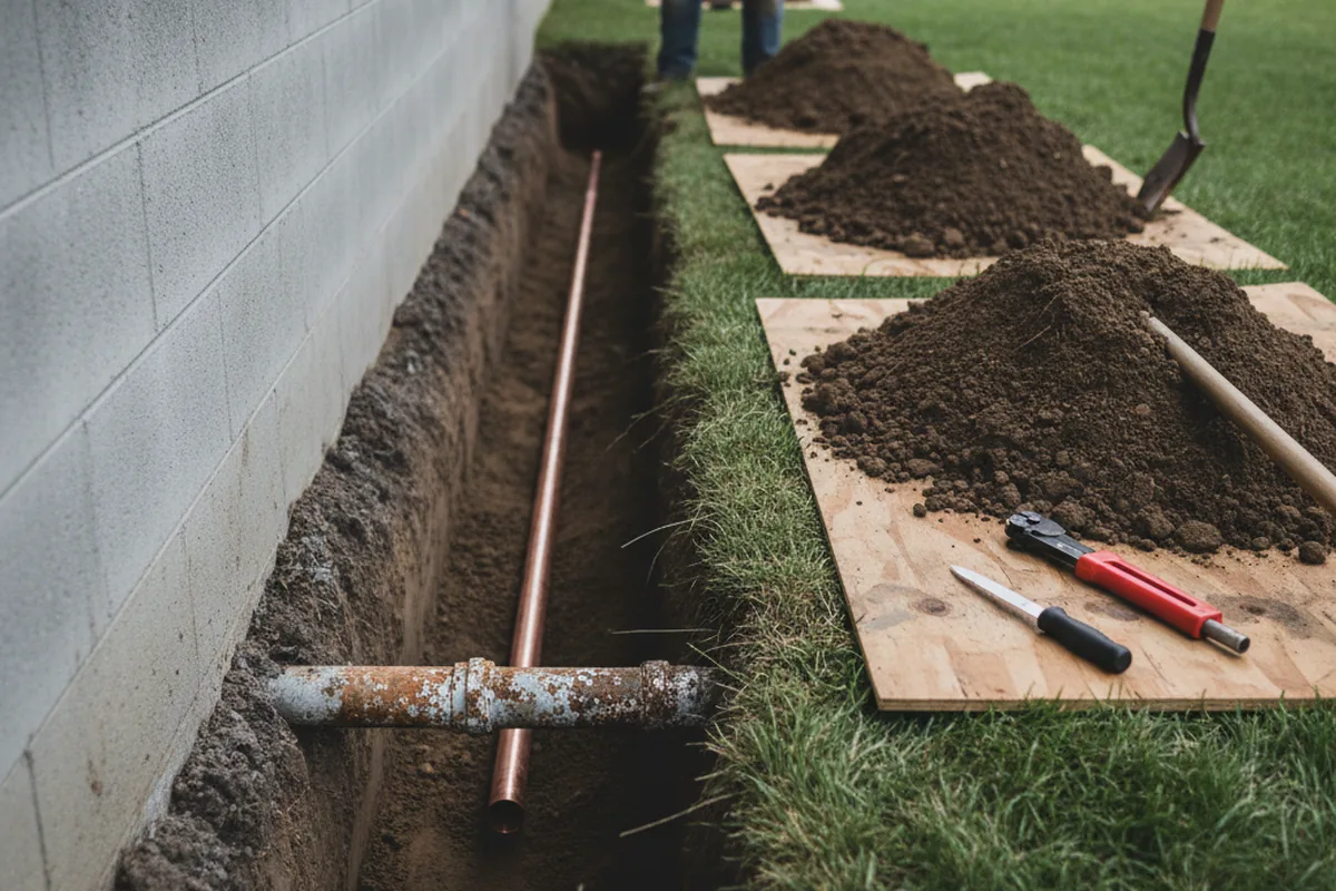 Excavated water line trench during Water Softener Installation in Lewis Run